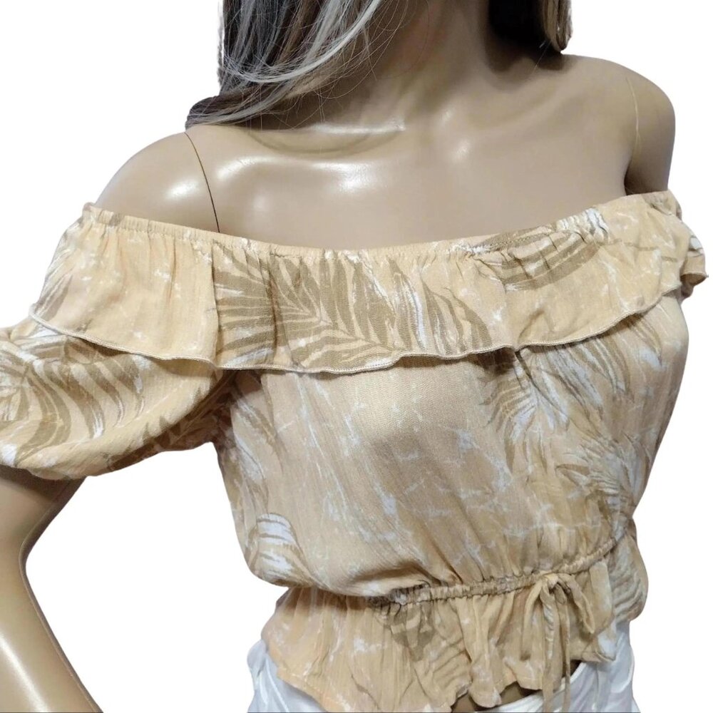 Blue B Collection Women's Beige Off Shoulder Ruffle Crop Top